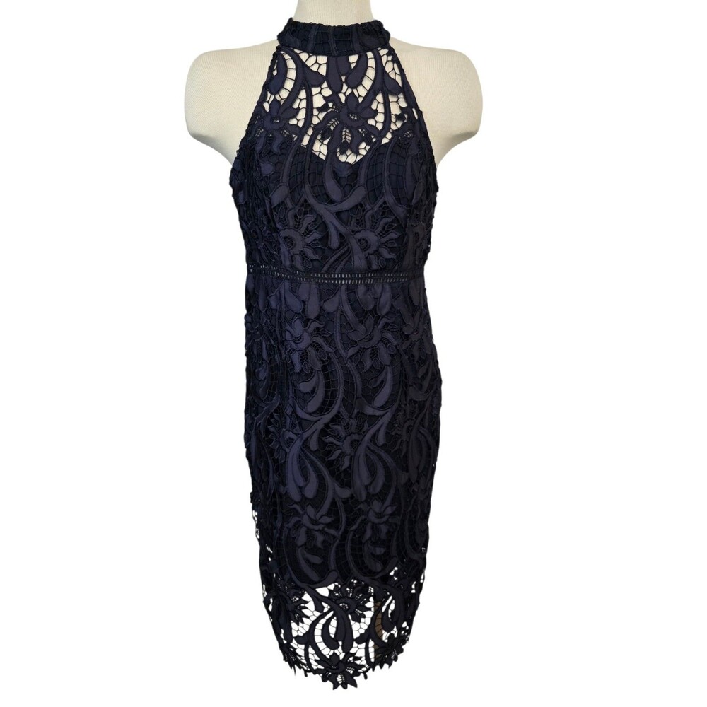 Bardot Isa Cocktail Dress Womans 8 Navy Blue Lace Halter Lined Evening Party